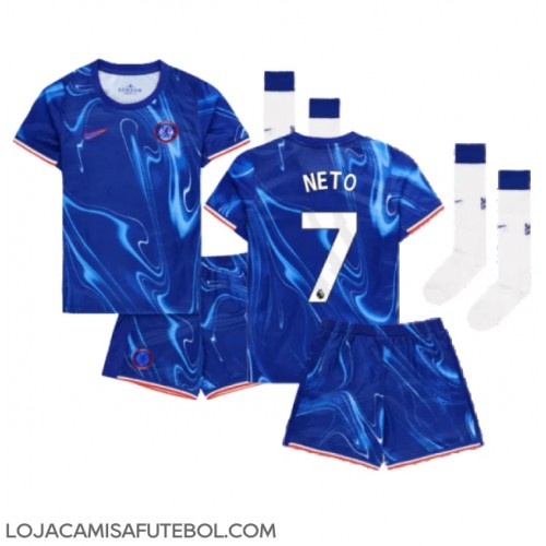 Camisa de Futebol Chelsea Pedro Neto #7 Equipamento Principal Infantil 2024-25 Manga Curta (+ Calças curtas)